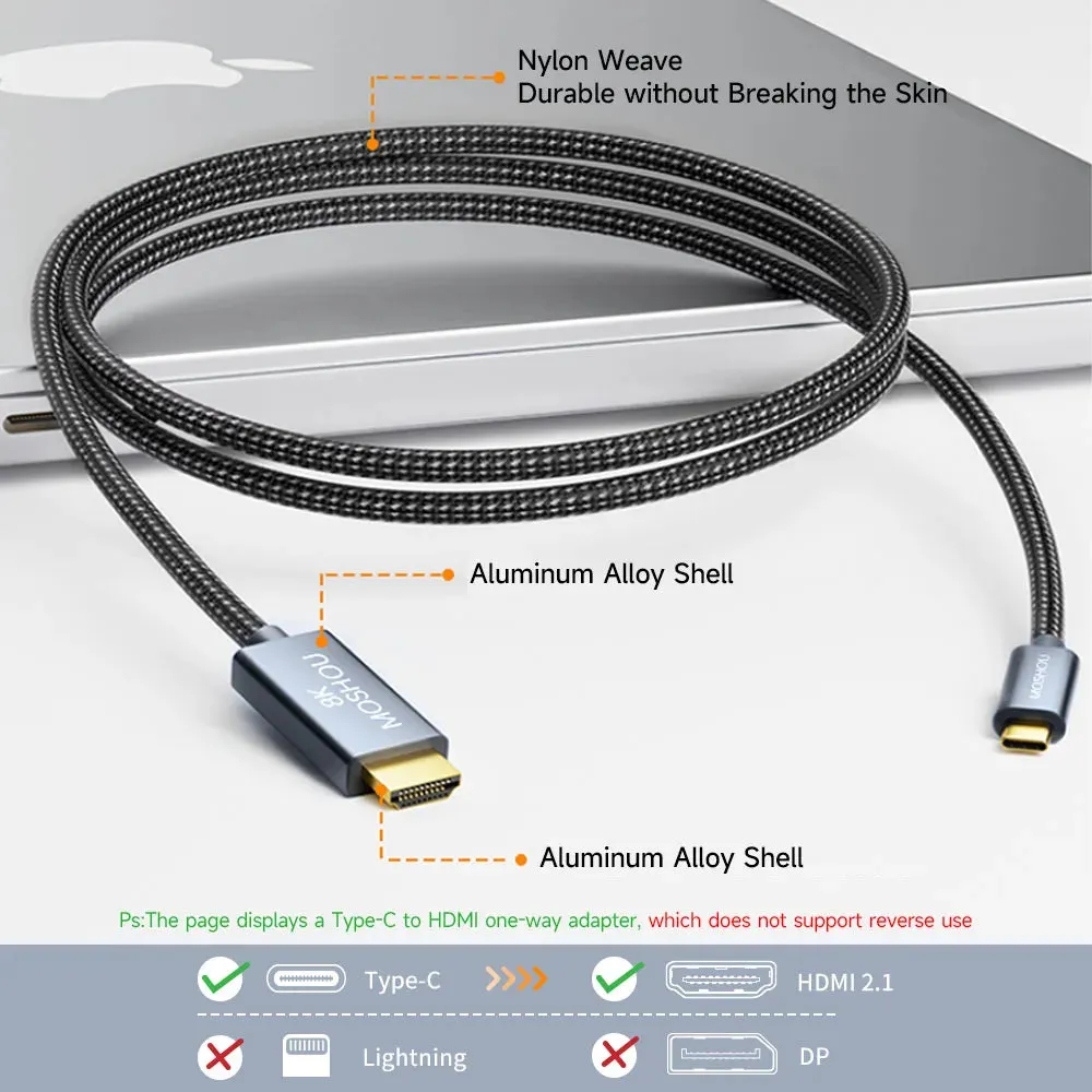 MOSHOU USB C to HDMI 2.1 Cable 8K@60Hz 4K@144Hz Braided Cord HDCP2.3 HDR DSC for MacBook Pro Samsung HP Dell