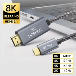 MOSHOU USB C to HDMI 2.1 Cable 8K@60Hz 4K@144Hz Braided Cord HDCP2.3 HDR DSC for MacBook Pro Samsung HP Dell