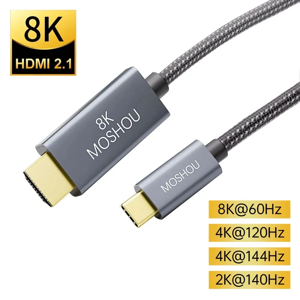 MOSHOU USB C to HDMI 2.1 Cable 8K@60Hz 4K@144Hz Braided Cord HDCP2.3 HDR DSC for MacBook Pro Samsung HP Dell