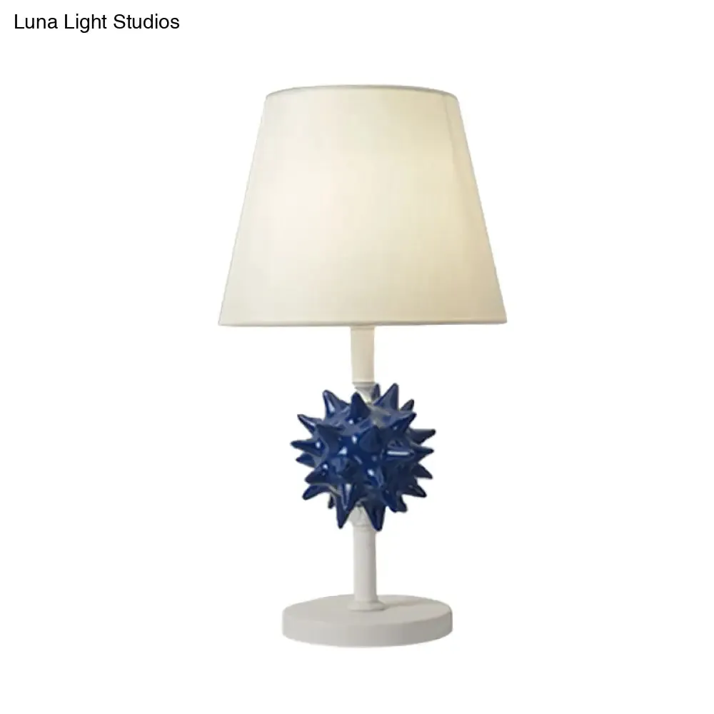 Nora - Sea Resin Sea Urchin Night Table Lamp Cartoon Single Bulb Sky Blue/Gold/Dark Blue Nightstand Light with Barrel Fabric Shade for Bedside