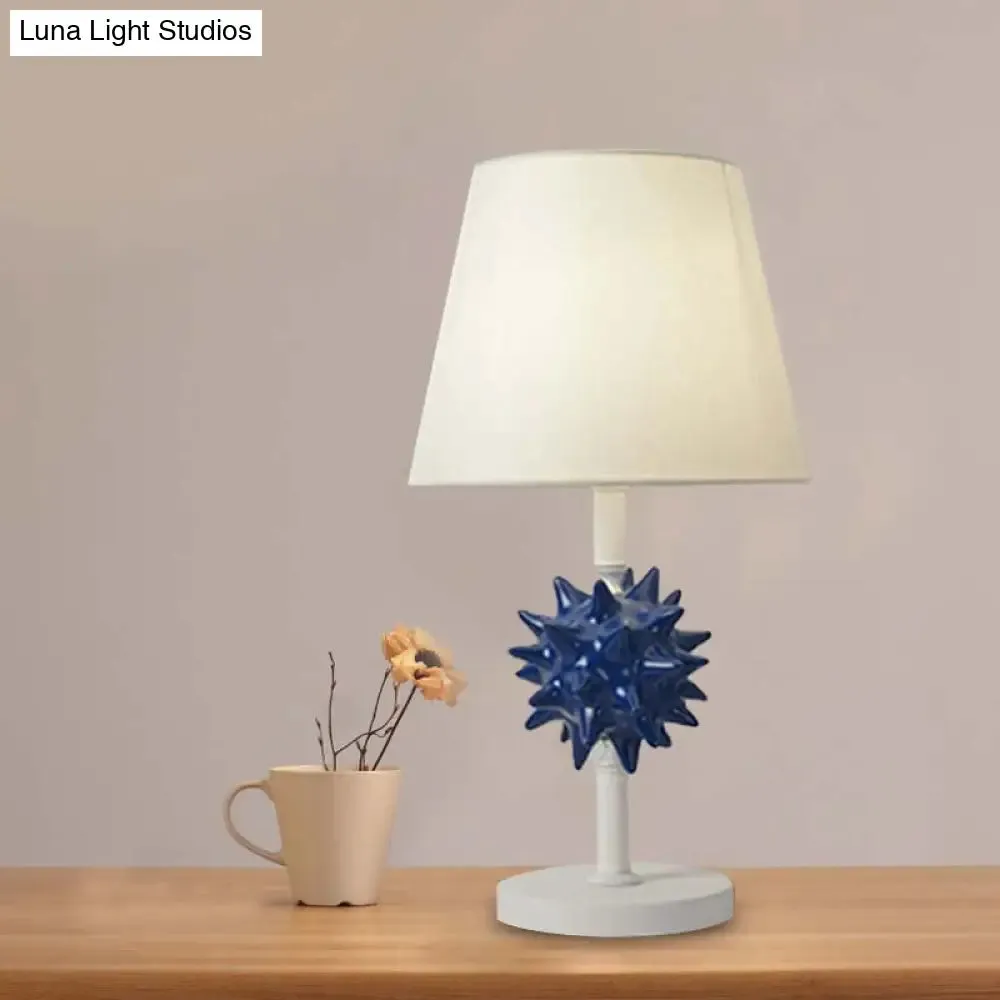 Nora - Sea Resin Sea Urchin Night Table Lamp Cartoon Single Bulb Sky Blue/Gold/Dark Blue Nightstand Light with Barrel Fabric Shade for Bedside