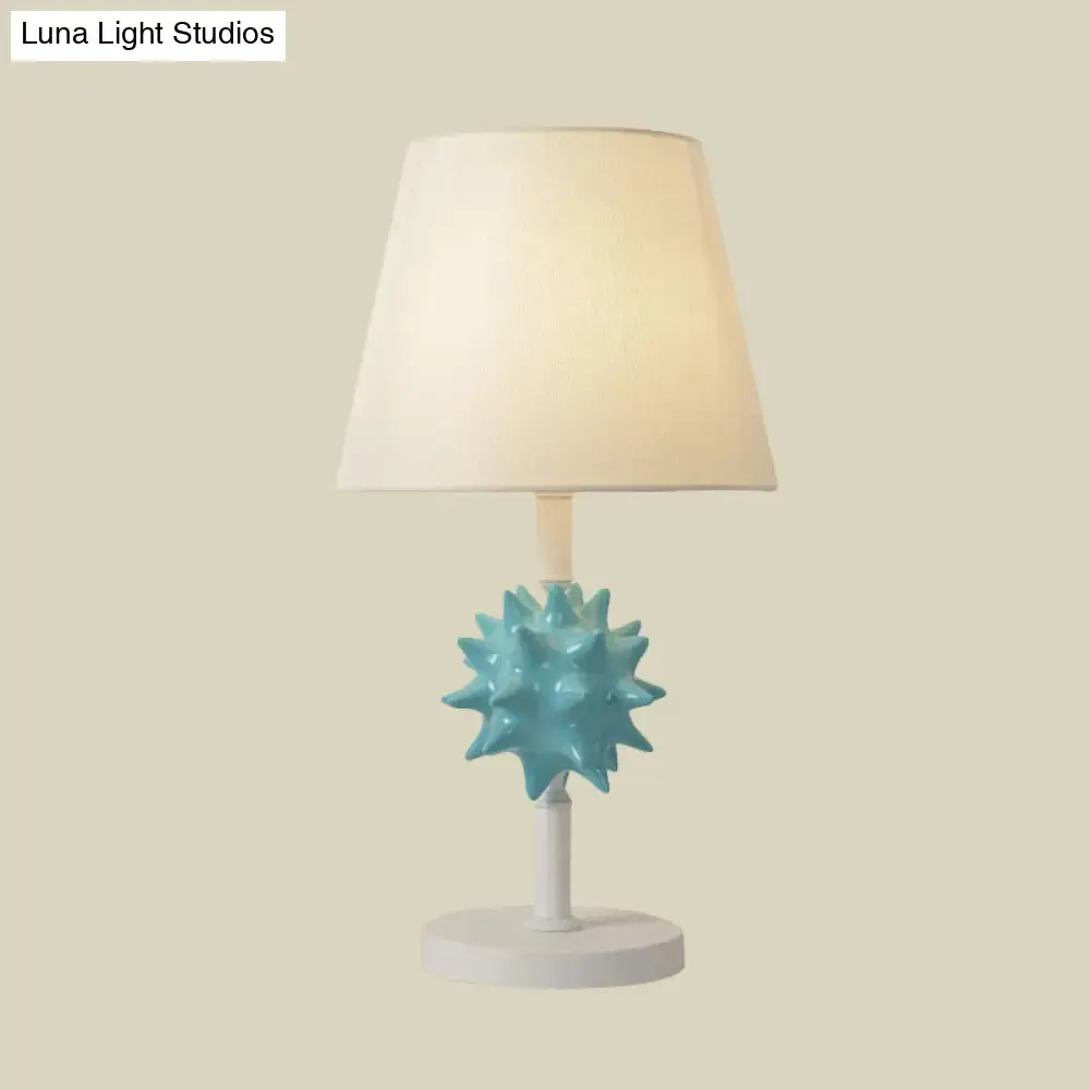 Nora - Sea Resin Sea Urchin Night Table Lamp Cartoon Single Bulb Sky Blue/Gold/Dark Blue Nightstand Light with Barrel Fabric Shade for Bedside