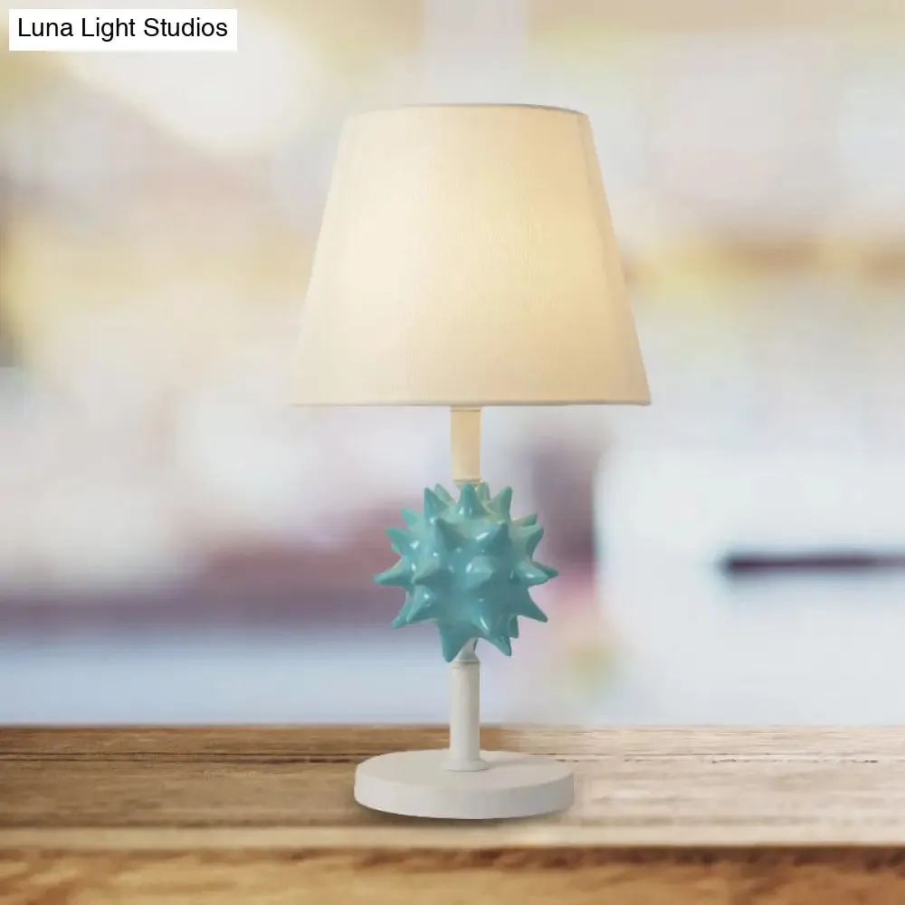 Nora - Sea Resin Sea Urchin Night Table Lamp Cartoon Single Bulb Sky Blue/Gold/Dark Blue Nightstand Light with Barrel Fabric Shade for Bedside