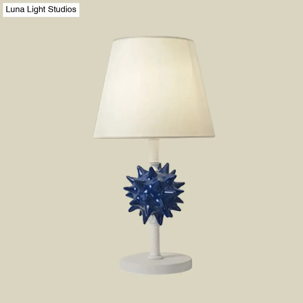 Nora - Sea Resin Sea Urchin Night Table Lamp Cartoon Single Bulb Sky Blue/Gold/Dark Blue Nightstand Light with Barrel Fabric Shade for Bedside