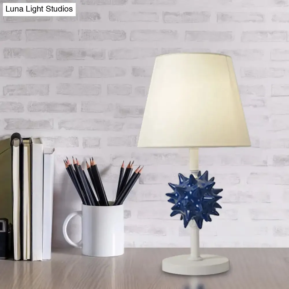 Nora - Sea Resin Sea Urchin Night Table Lamp Cartoon Single Bulb Sky Blue/Gold/Dark Blue Nightstand Light with Barrel Fabric Shade for Bedside