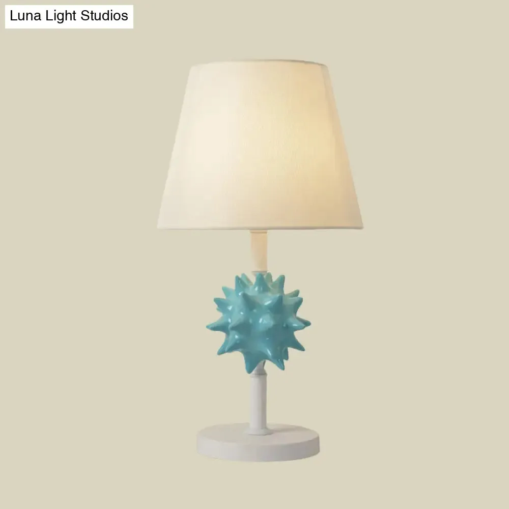 Nora - Sea Resin Sea Urchin Night Table Lamp Cartoon Single Bulb Sky Blue/Gold/Dark Blue Nightstand Light with Barrel Fabric Shade for Bedside