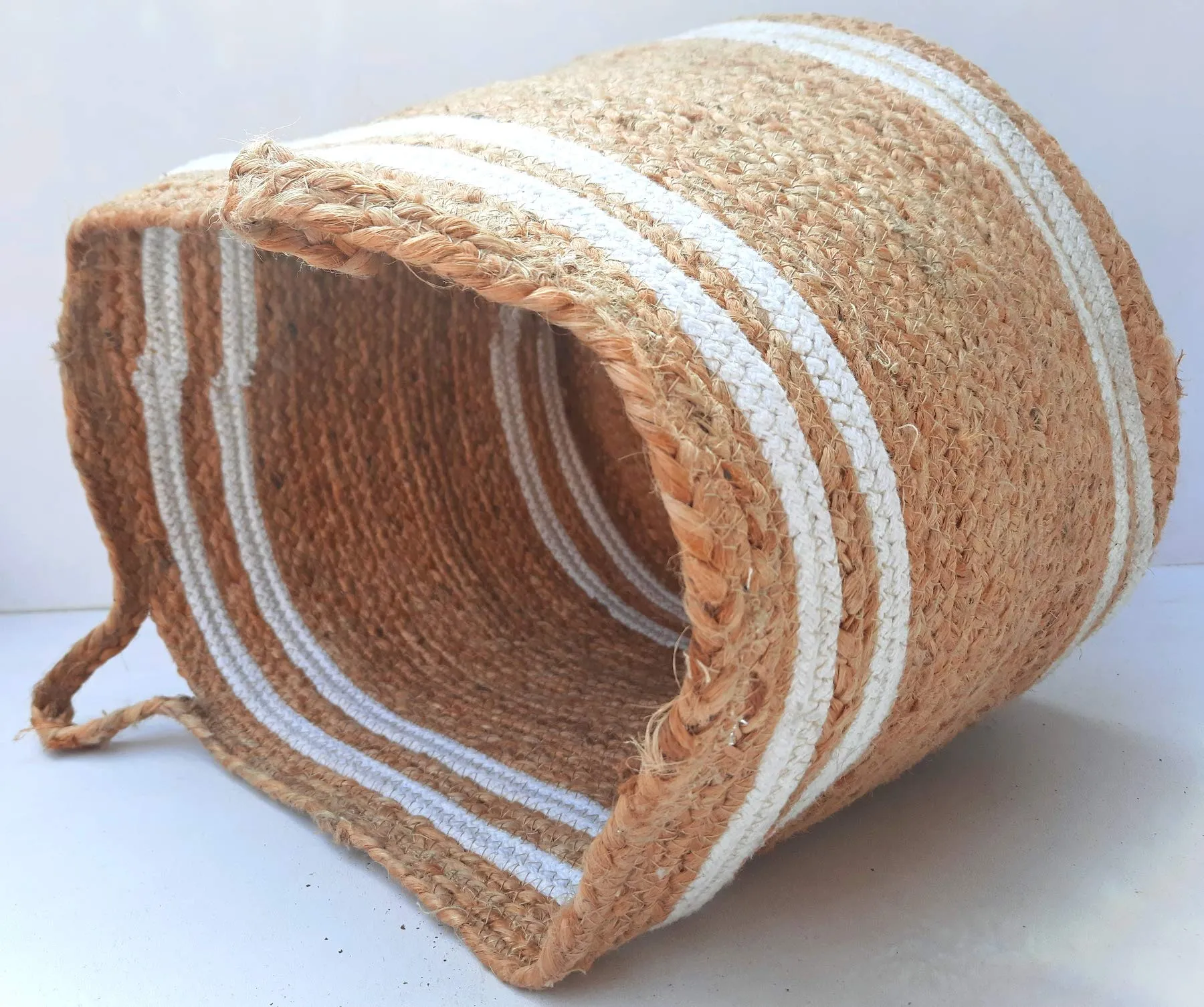 pepme Jute Cotton Planter Basket, 12 Inches for Plant Pot Storage (White Lines, Handles, Beige, Pack of 1)