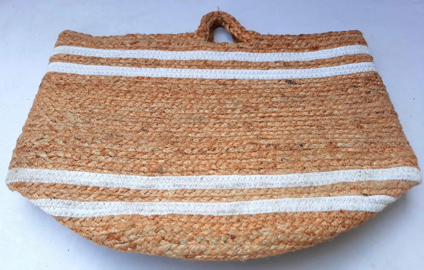 pepme Jute Cotton Planter Basket, 12 Inches for Plant Pot Storage (White Lines, Handles, Beige, Pack of 1)