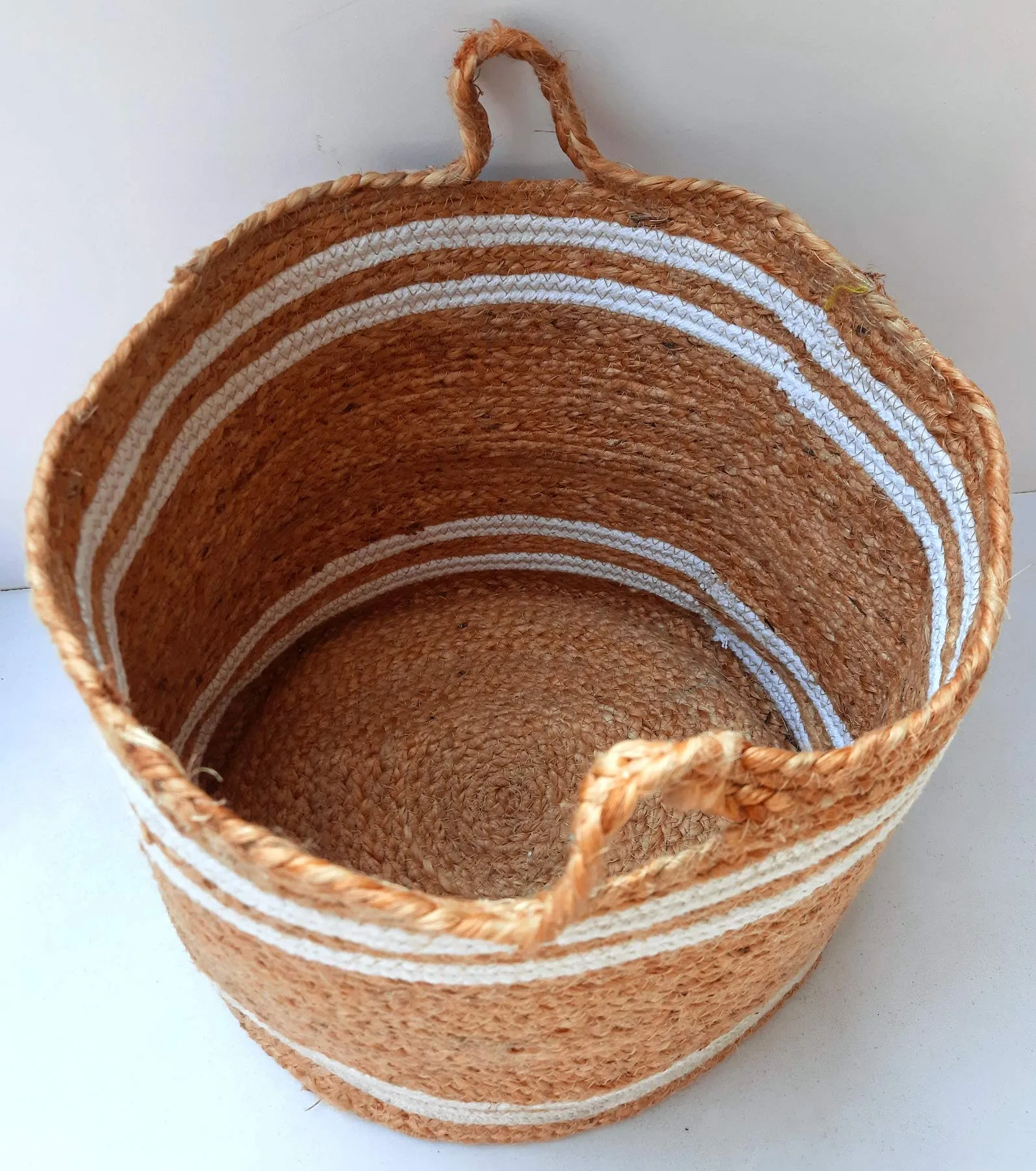 pepme Jute Cotton Planter Basket, 12 Inches for Plant Pot Storage (White Lines, Handles, Beige, Pack of 1)
