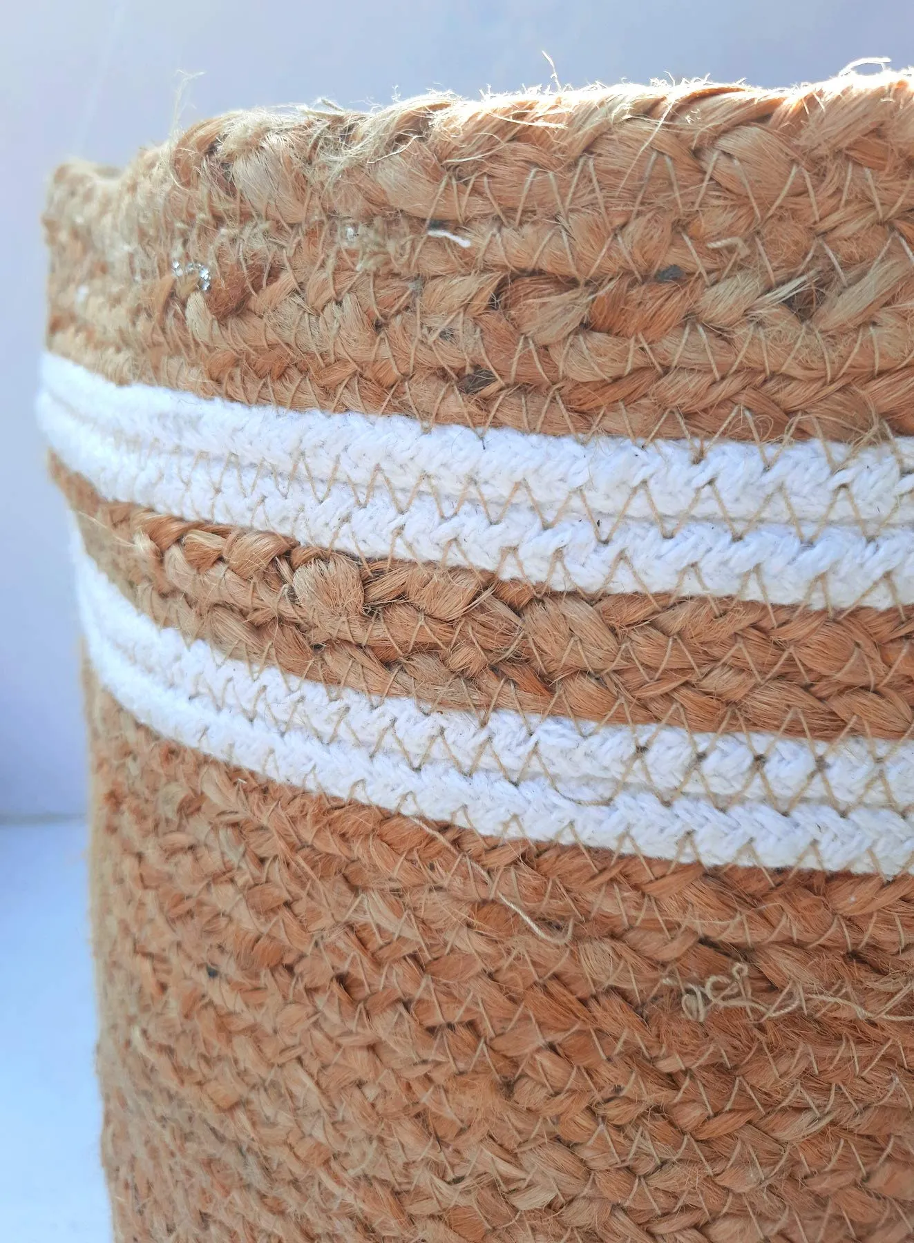 pepme Jute Cotton Planter Basket, 12 Inches for Plant Pot Storage (White Lines, Handles, Beige, Pack of 1)