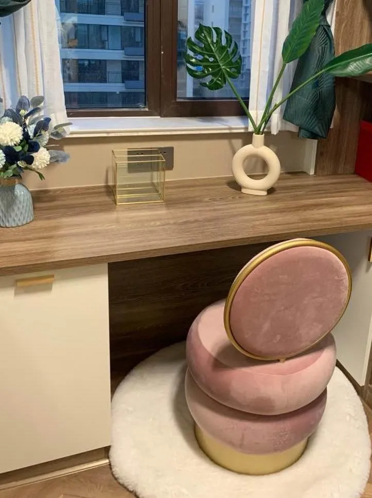 Pink Velvet Vanity Stool With Back Round Tufted