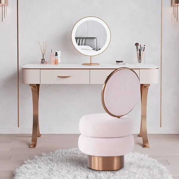Pink Velvet Vanity Stool With Back Round Tufted