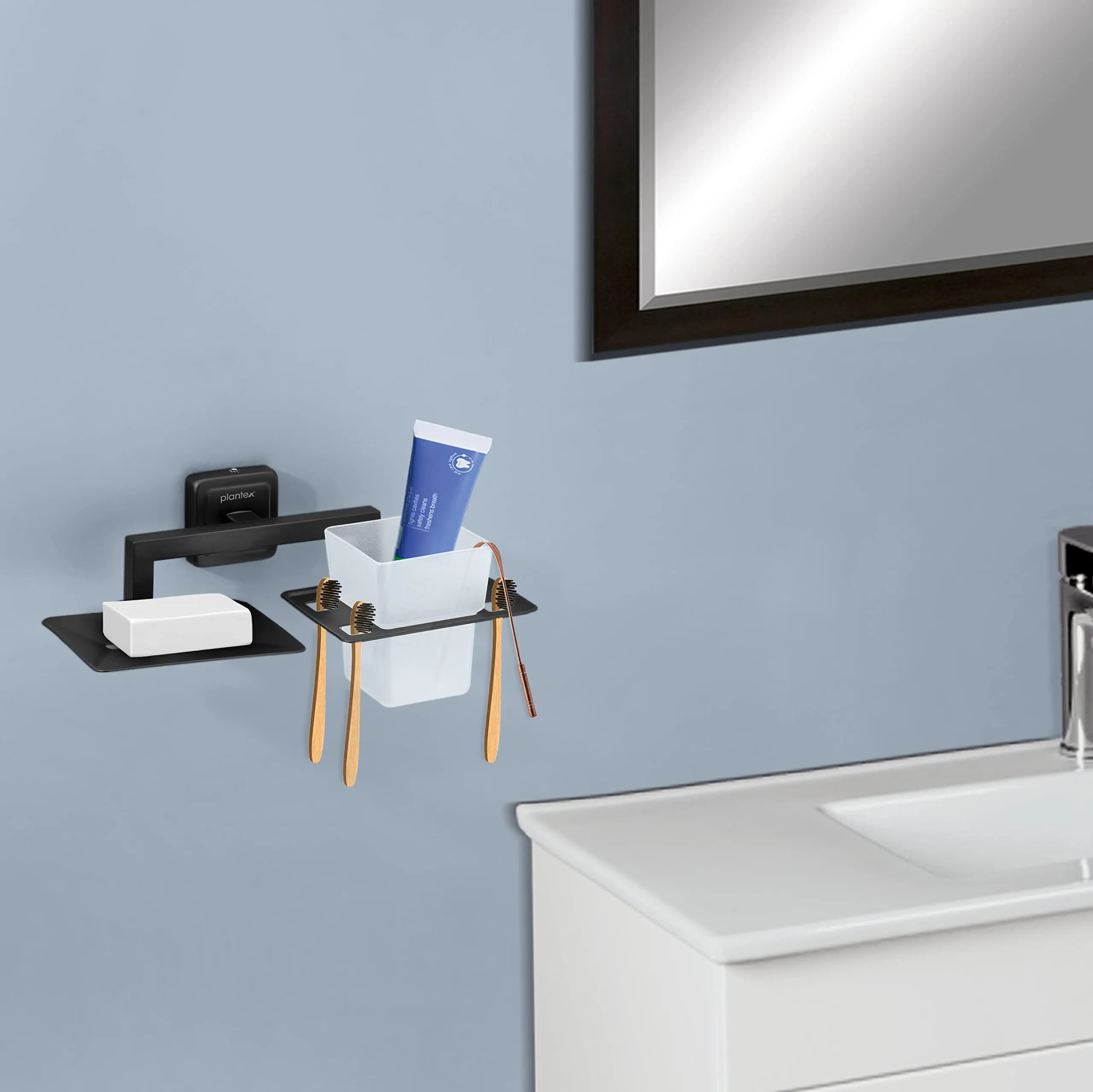 Plantex Decan 304 Grade Stainless Steel Soap and Brush Holder Stand for Bathroom/Tumbler Holder with Soap Holder/Bathroom Accessories - (Black)