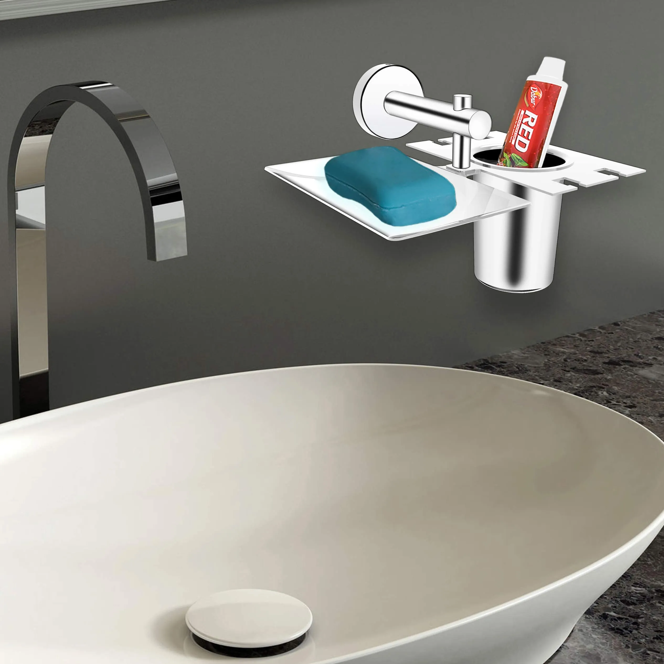 Plantex Stainless Steel Soap Dish with Tumbler Holder/Soap Dish with Toothpaste Holder/Soap Holder for Bathroom/Bathroom Accessories (Chrome)