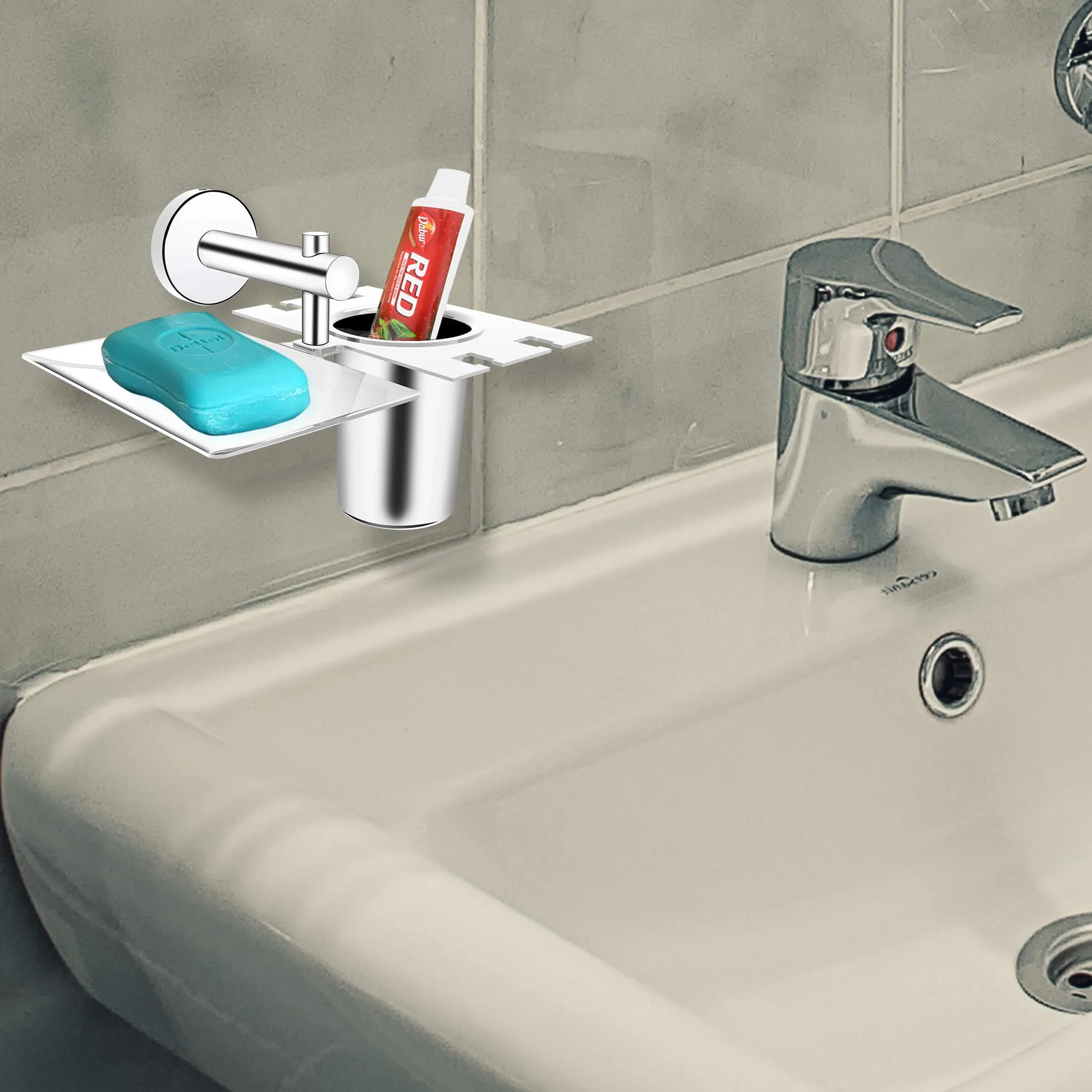 Plantex Stainless Steel Soap Dish with Tumbler Holder/Soap Dish with Toothpaste Holder/Soap Holder for Bathroom/Bathroom Accessories (Chrome)