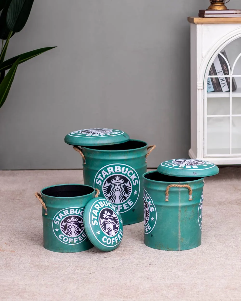 'Premium Coffee' Faux Leather Set of 3 Storage Stools