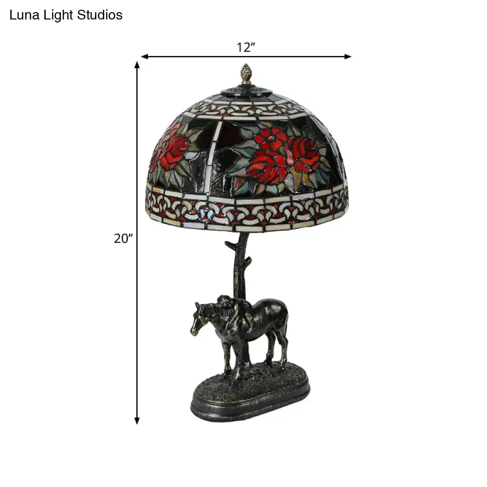Rastaban - Vintage Stained Glass Bronze Desk Lamp Bowl 1-Bulb Vintage Night Table Light with Boy on Horse Deco