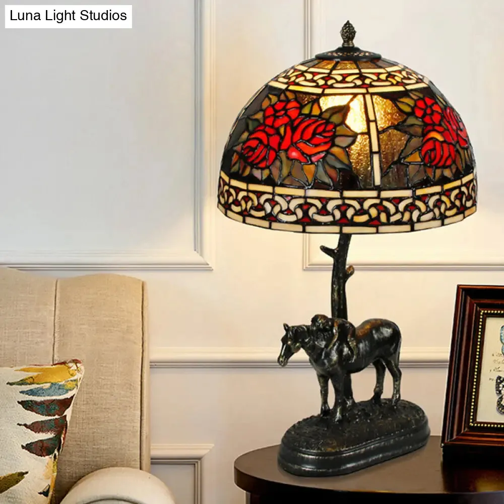 Rastaban - Vintage Stained Glass Bronze Desk Lamp Bowl 1-Bulb Vintage Night Table Light with Boy on Horse Deco