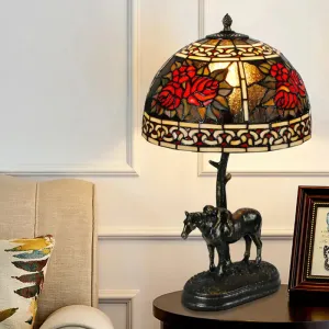 Rastaban - Vintage Stained Glass Bronze Desk Lamp Bowl 1-Bulb Vintage Night Table Light with Boy on Horse Deco