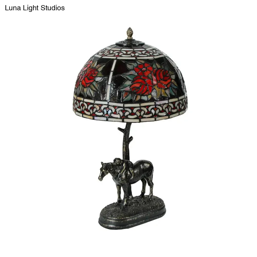 Rastaban - Vintage Stained Glass Bronze Desk Lamp Bowl 1-Bulb Vintage Night Table Light with Boy on Horse Deco