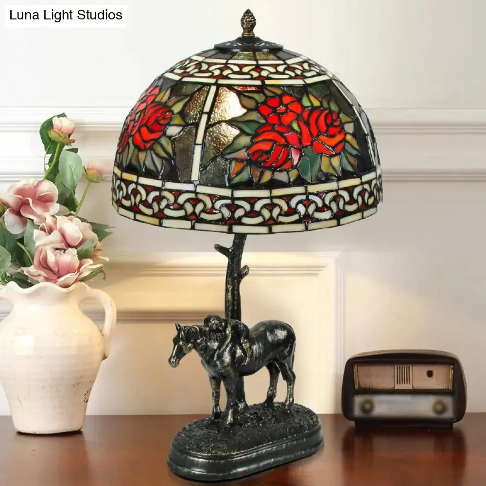 Rastaban - Vintage Stained Glass Bronze Desk Lamp Bowl 1-Bulb Vintage Night Table Light with Boy on Horse Deco