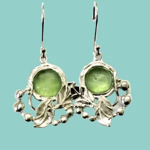 Roman glass earrings. Designer Sterling silver earrings set with roman glass