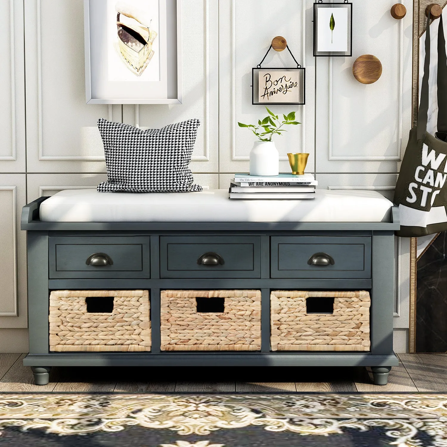 Rustic Storage Bench with 3 Drawers and 3 Rattan Baskets, Antique Navy