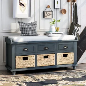 Rustic Storage Bench with 3 Drawers and 3 Rattan Baskets, Antique Navy