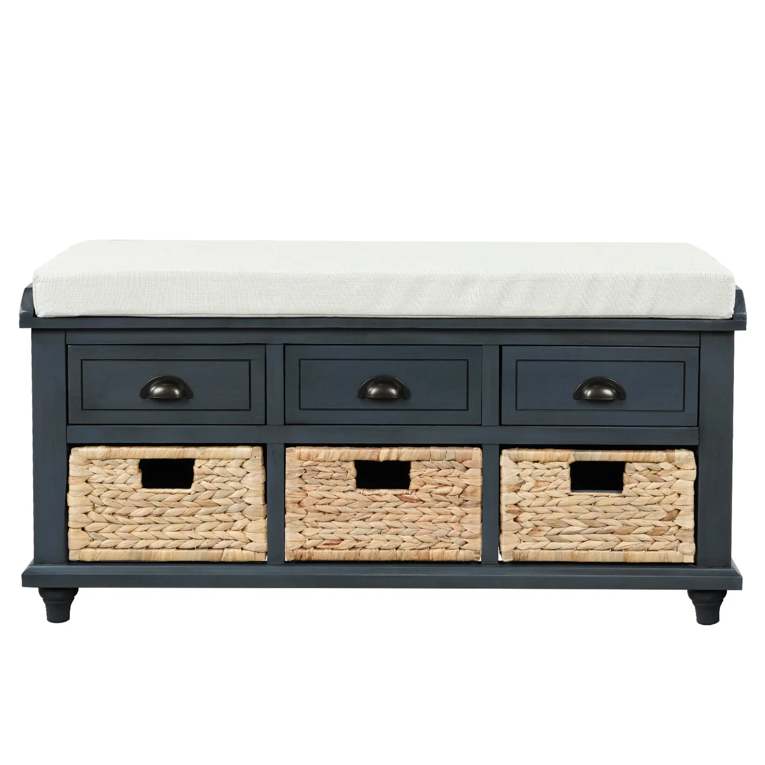 Rustic Storage Bench with 3 Drawers and 3 Rattan Baskets, Antique Navy