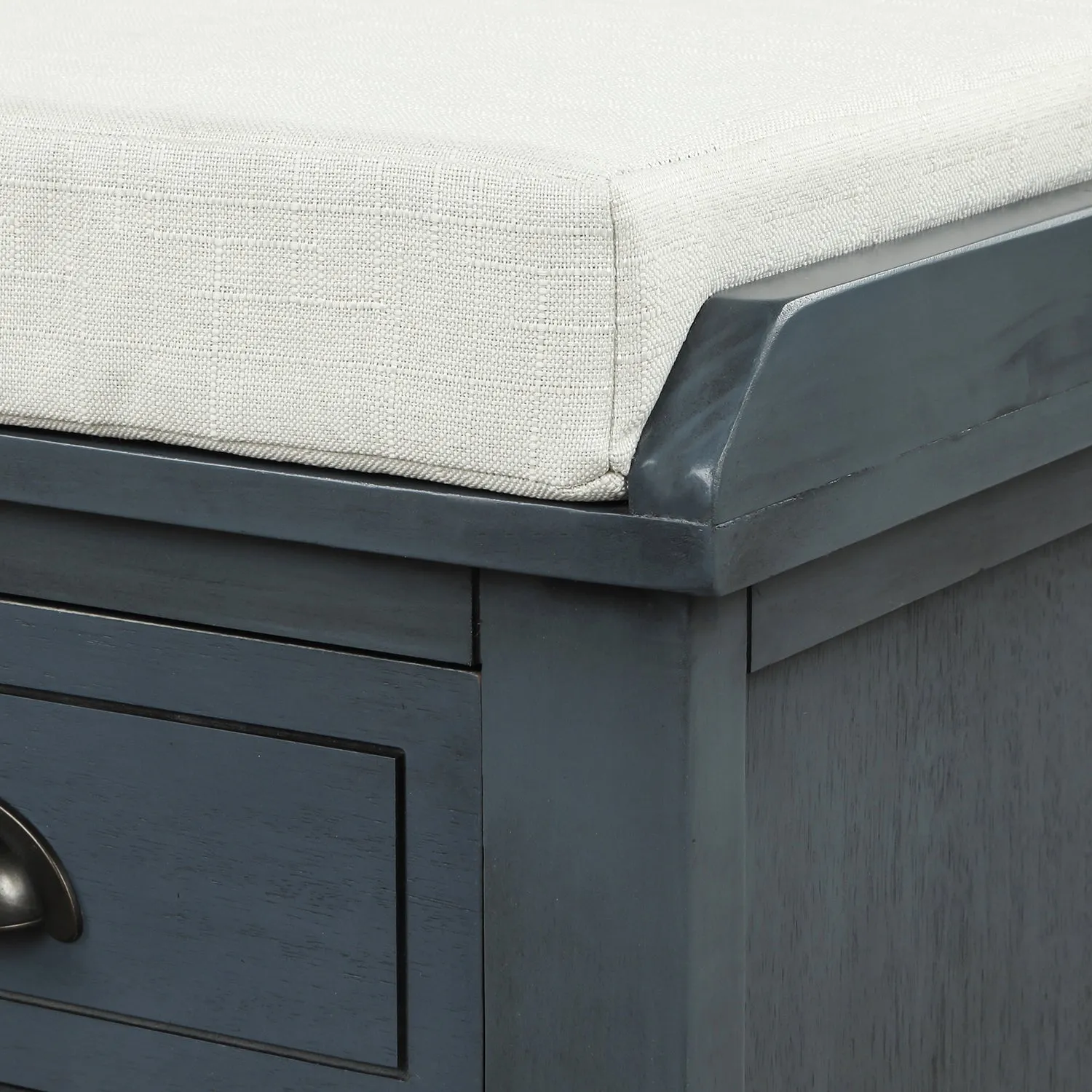 Rustic Storage Bench with 3 Drawers and 3 Rattan Baskets, Antique Navy