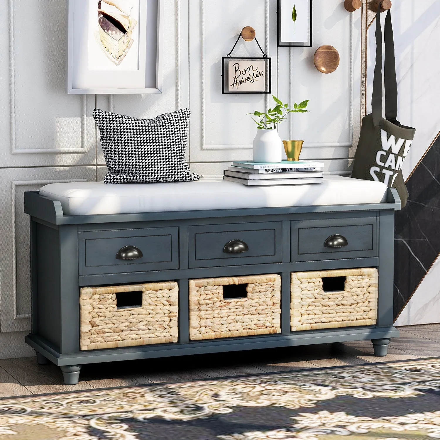 Rustic Storage Bench with 3 Drawers and 3 Rattan Baskets, Antique Navy