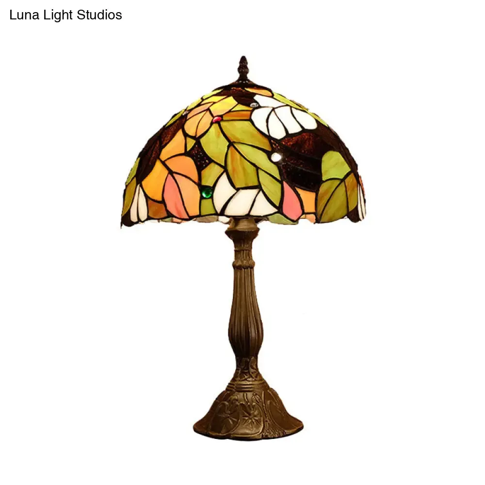 Samantha - Head 1 Head Dome Table Lamp Baroque Style Yellow/Green/Orange Stained Glass Nightstand Lamp with Leaf/Flower Pattern