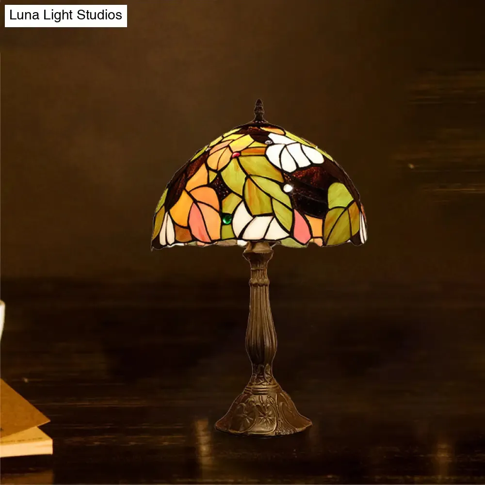 Samantha - Head 1 Head Dome Table Lamp Baroque Style Yellow/Green/Orange Stained Glass Nightstand Lamp with Leaf/Flower Pattern