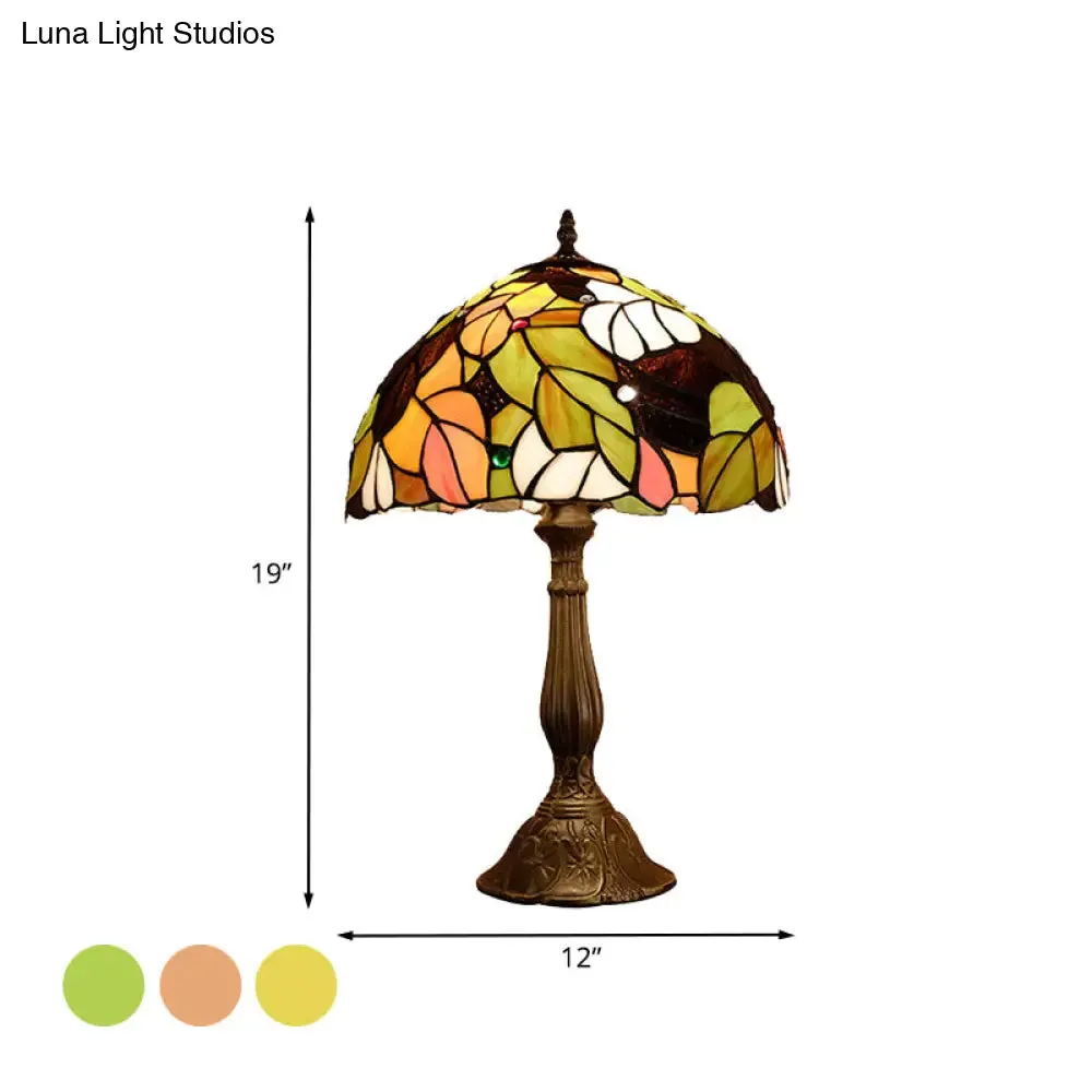 Samantha - Head 1 Head Dome Table Lamp Baroque Style Yellow/Green/Orange Stained Glass Nightstand Lamp with Leaf/Flower Pattern