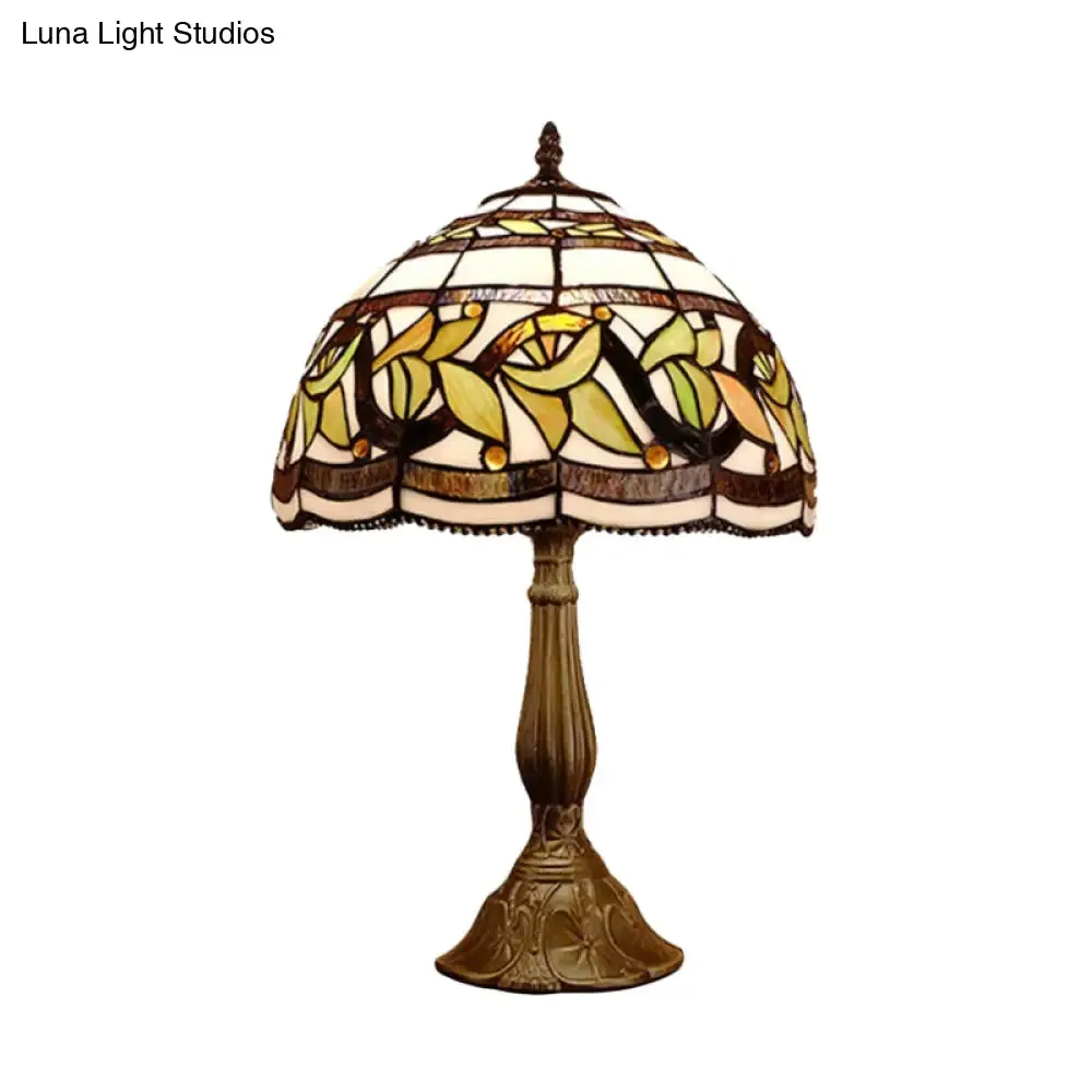 Samantha - Head 1 Head Dome Table Lamp Baroque Style Yellow/Green/Orange Stained Glass Nightstand Lamp with Leaf/Flower Pattern