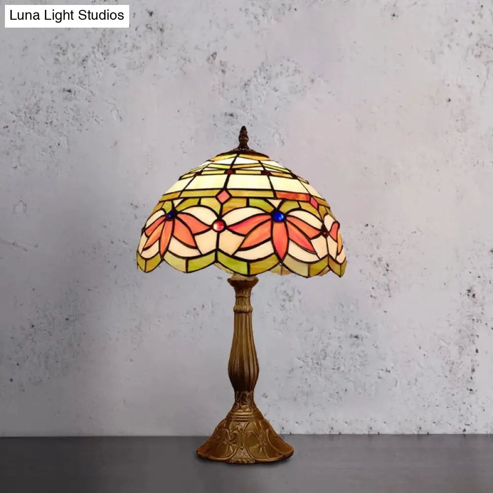 Samantha - Head 1 Head Dome Table Lamp Baroque Style Yellow/Green/Orange Stained Glass Nightstand Lamp with Leaf/Flower Pattern