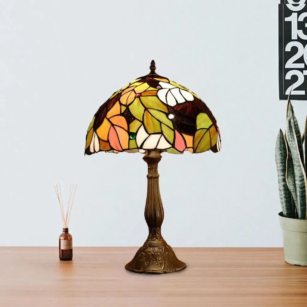 Samantha - Head 1 Head Dome Table Lamp Baroque Style Yellow/Green/Orange Stained Glass Nightstand Lamp with Leaf/Flower Pattern