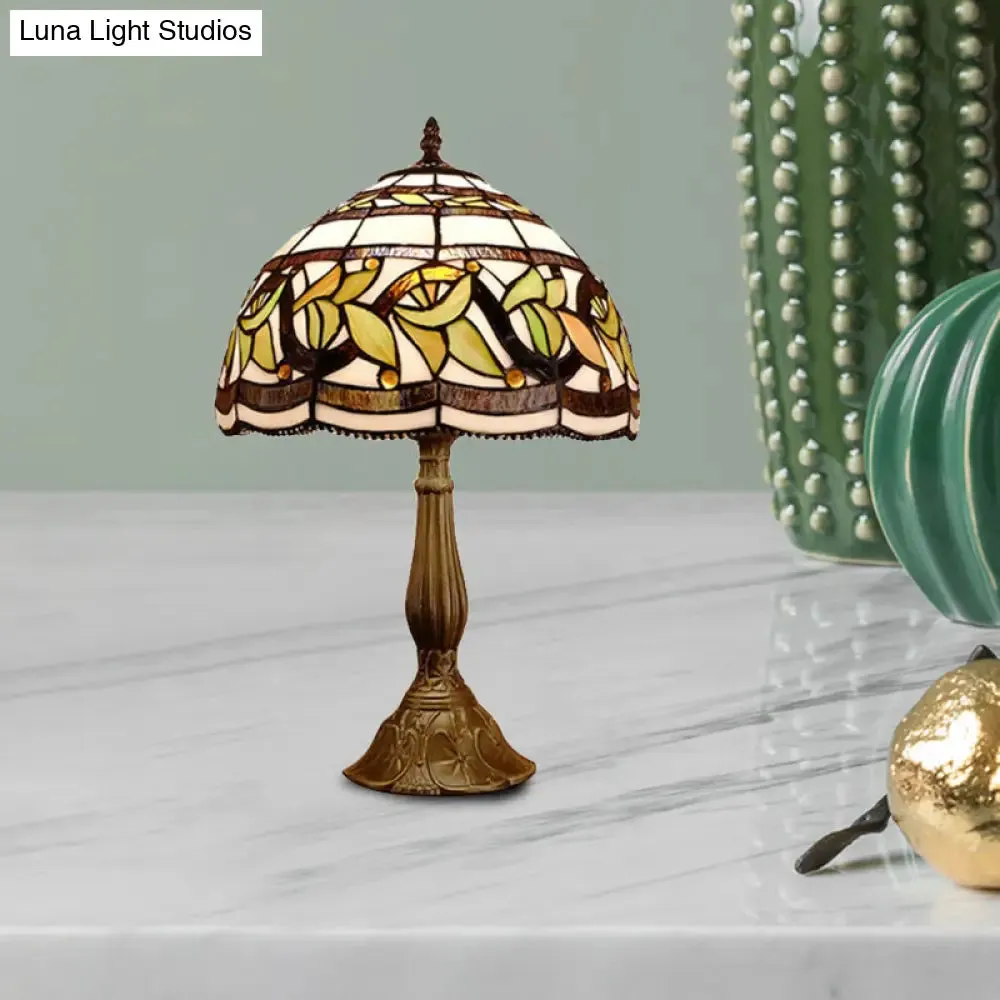 Samantha - Head 1 Head Dome Table Lamp Baroque Style Yellow/Green/Orange Stained Glass Nightstand Lamp with Leaf/Flower Pattern