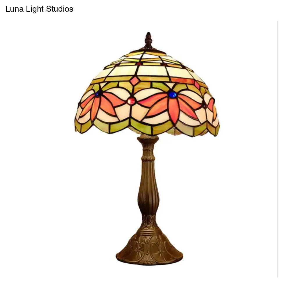 Samantha - Head 1 Head Dome Table Lamp Baroque Style Yellow/Green/Orange Stained Glass Nightstand Lamp with Leaf/Flower Pattern