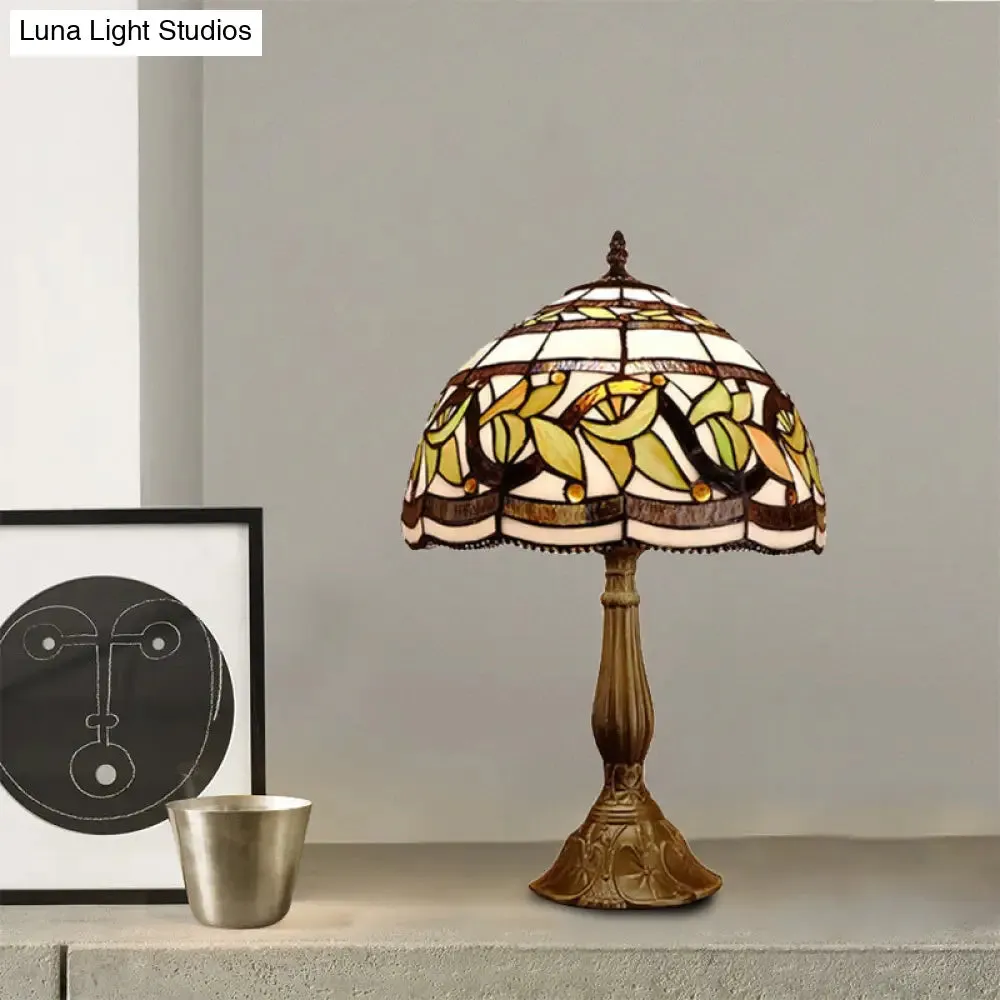Samantha - Head 1 Head Dome Table Lamp Baroque Style Yellow/Green/Orange Stained Glass Nightstand Lamp with Leaf/Flower Pattern