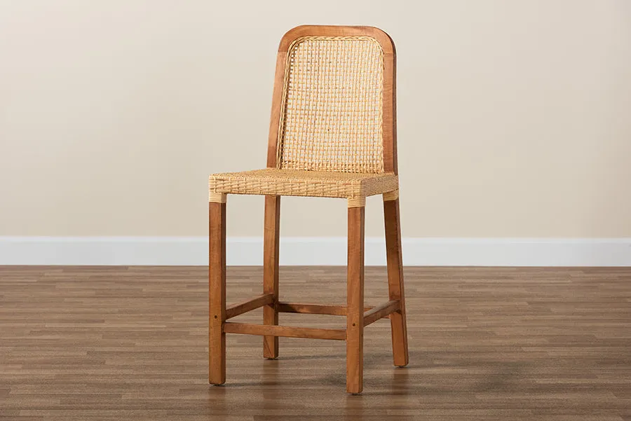 Savannah Walnut Brown Mahogany Wood Natural Rattan Counter Stool