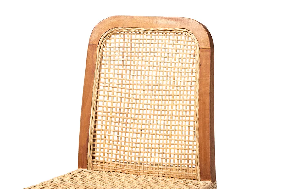 Savannah Walnut Brown Mahogany Wood Natural Rattan Counter Stool