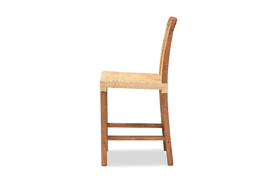Savannah Walnut Brown Mahogany Wood Natural Rattan Counter Stool