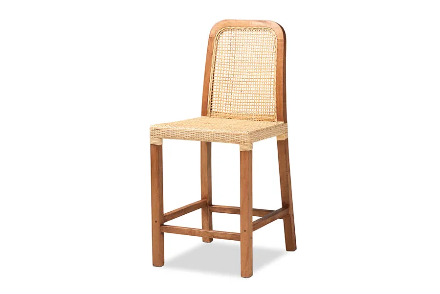 Savannah Walnut Brown Mahogany Wood Natural Rattan Counter Stool
