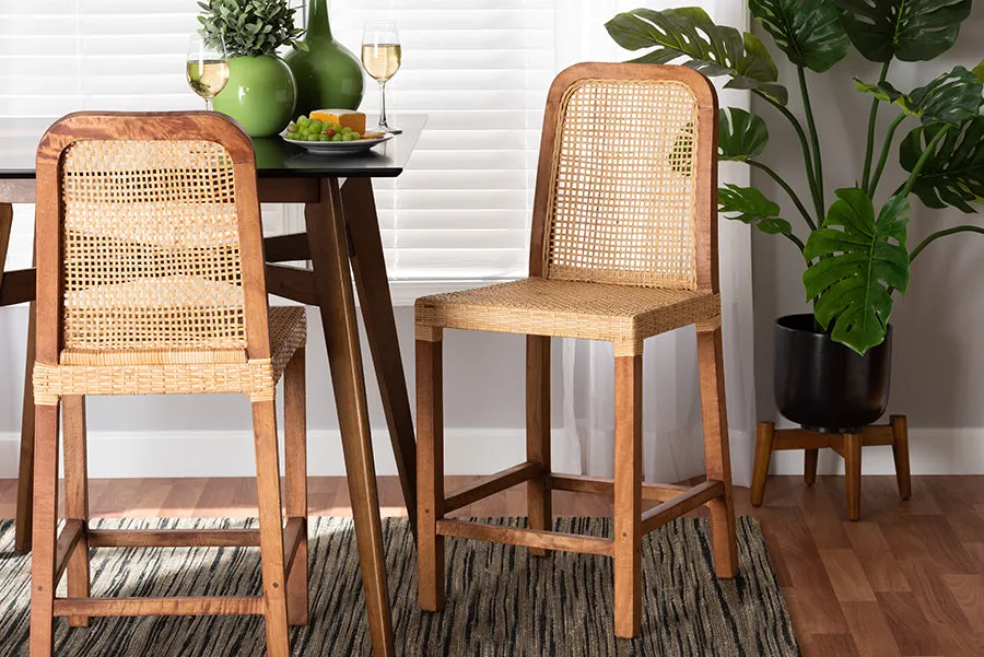 Savannah Walnut Brown Mahogany Wood Natural Rattan Counter Stool