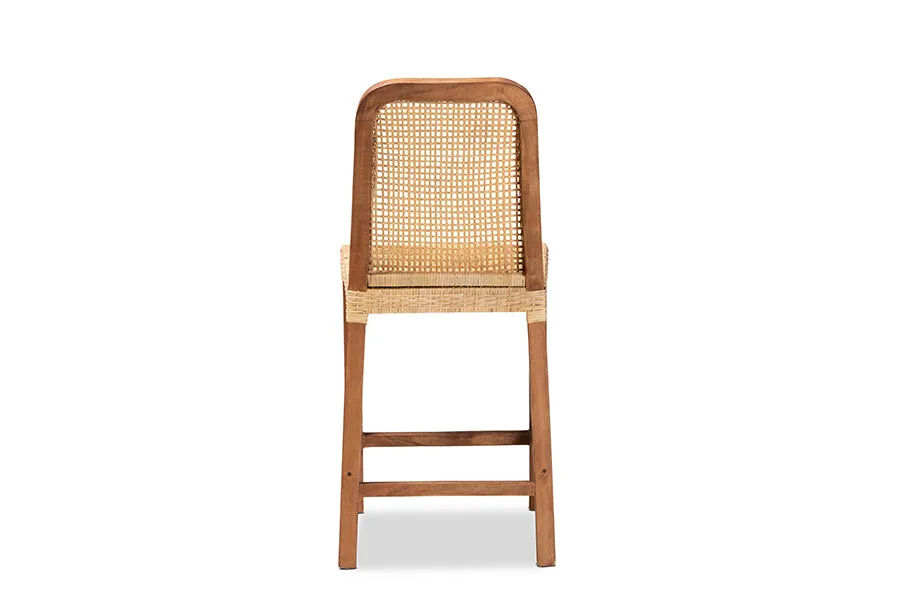 Savannah Walnut Brown Mahogany Wood Natural Rattan Counter Stool