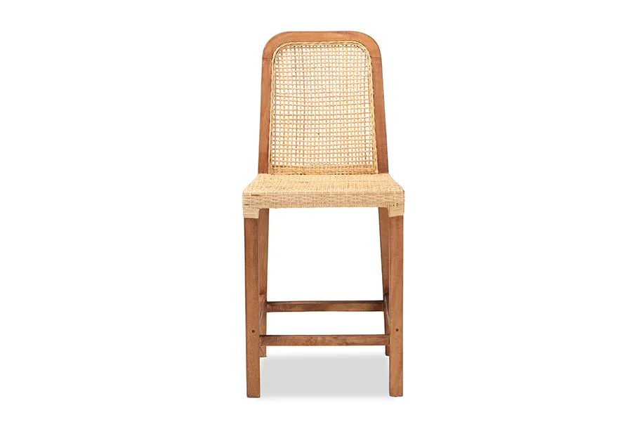 Savannah Walnut Brown Mahogany Wood Natural Rattan Counter Stool