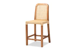 Savannah Walnut Brown Mahogany Wood Natural Rattan Counter Stool