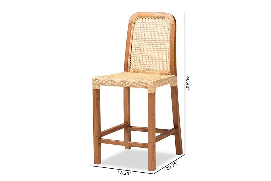 Savannah Walnut Brown Mahogany Wood Natural Rattan Counter Stool