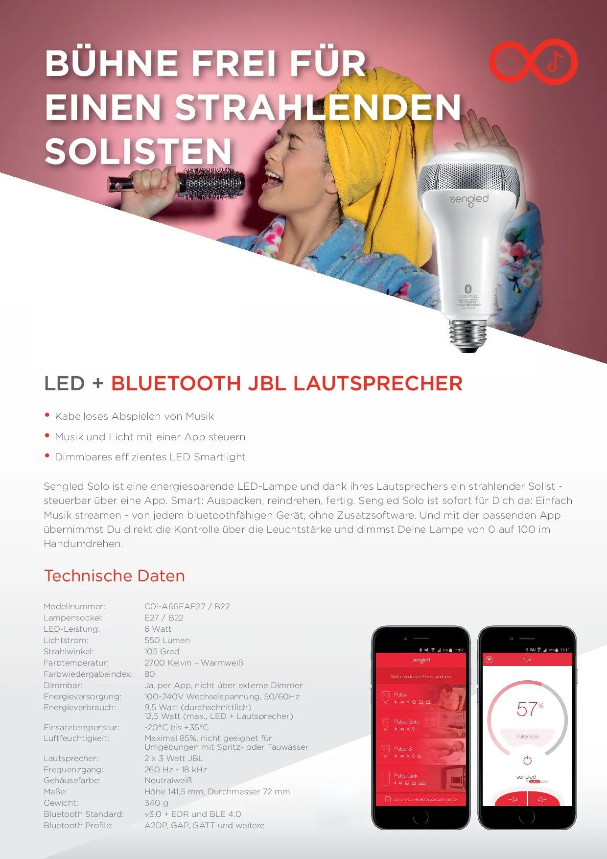 Sengled Smart Bulb E27 Base with JBL Bluetooth Speakers, App Controlled Dual Channel Dimmable LED Light Bulb, 60W Equivalent, Compatible with Amazon Alexa [Energy Class A ]